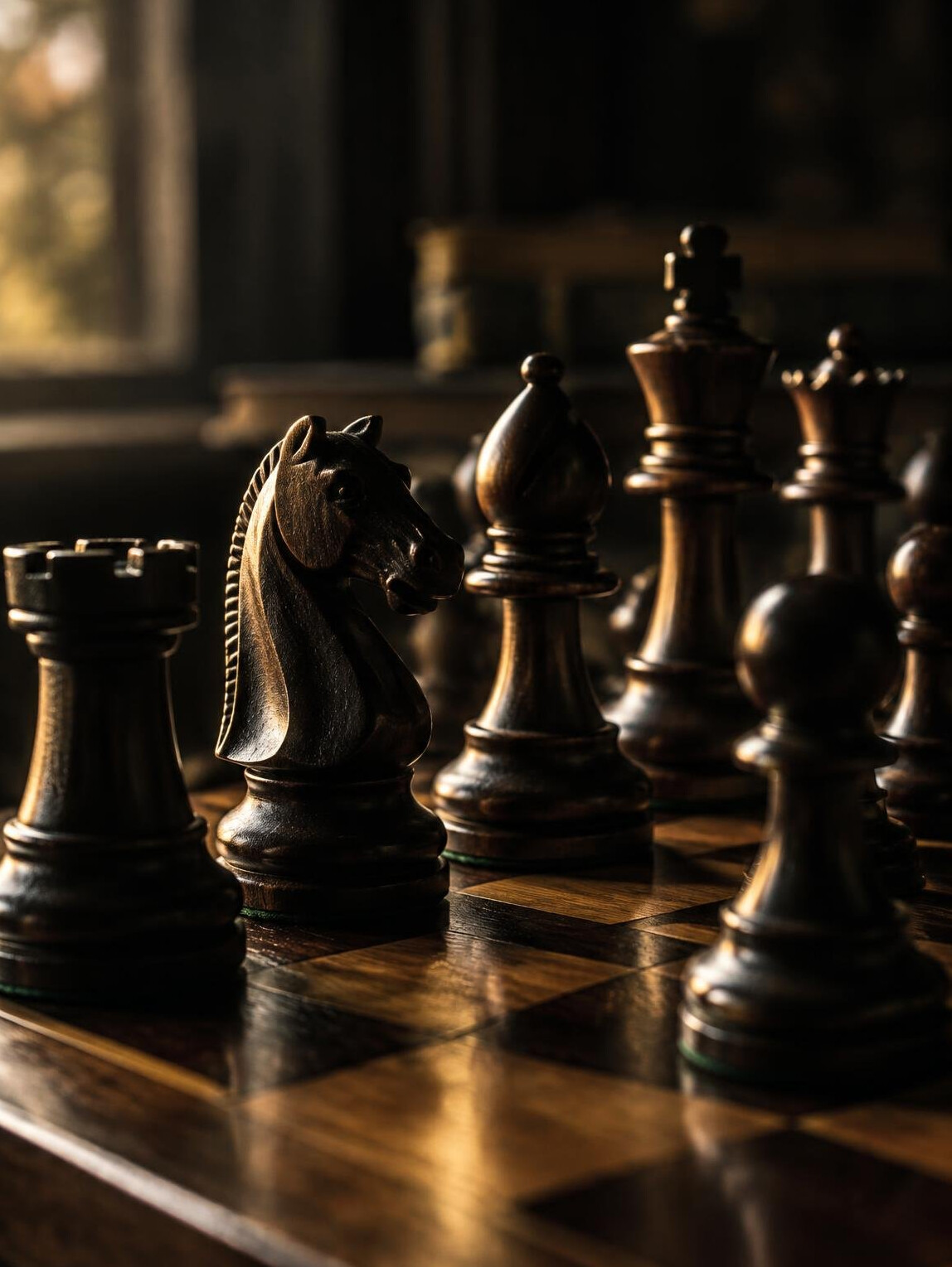 Chess pieces on a board in dramatic low light